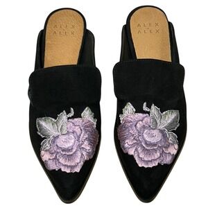 Alex + Alex Womens Black Embroidered Floral Pointed Toe Slip On Mule- 36 EUR & 6